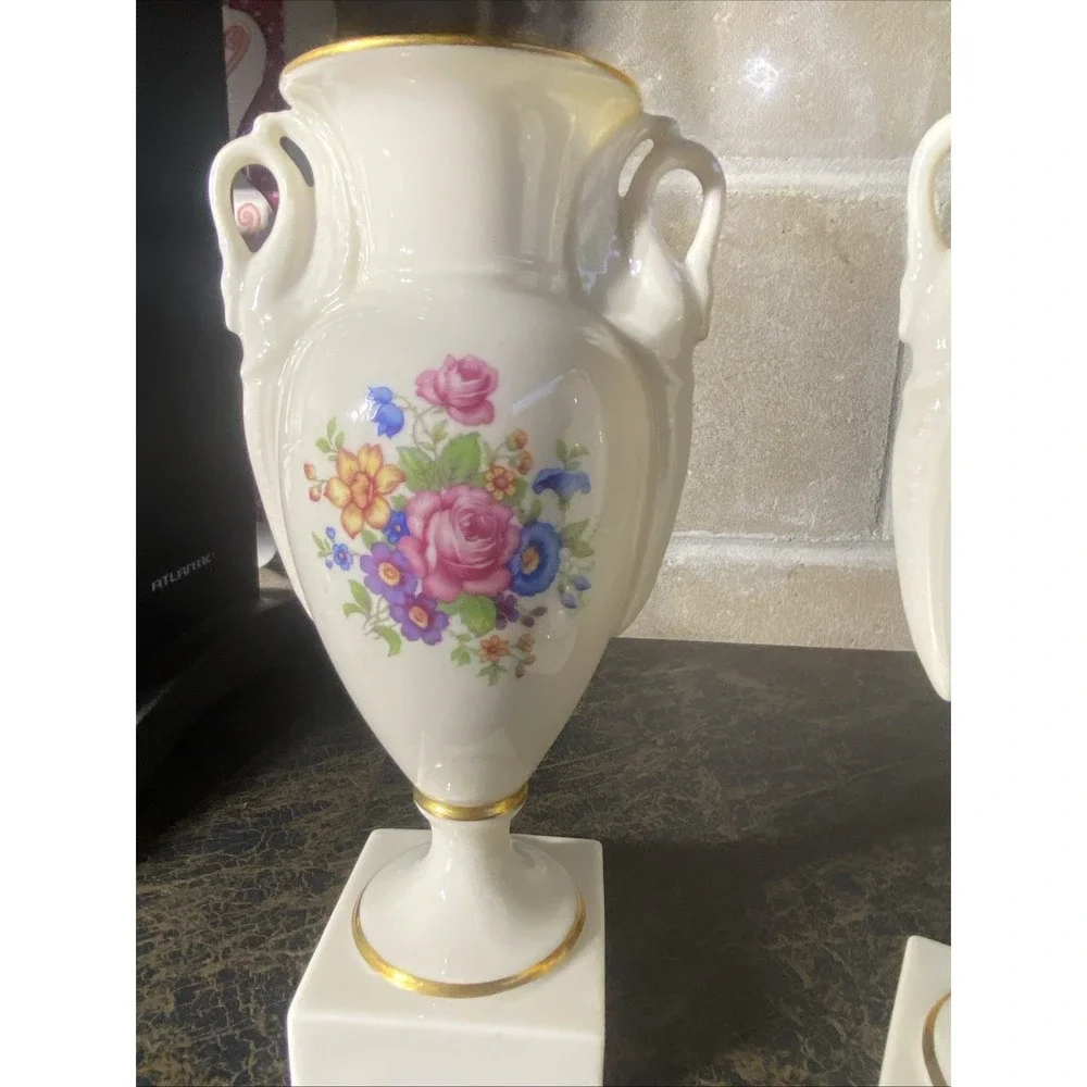 Pair Of Lenox Rose Swan Empire Trophy Vase W/ Swan Handles Green Mark 2262/ J300